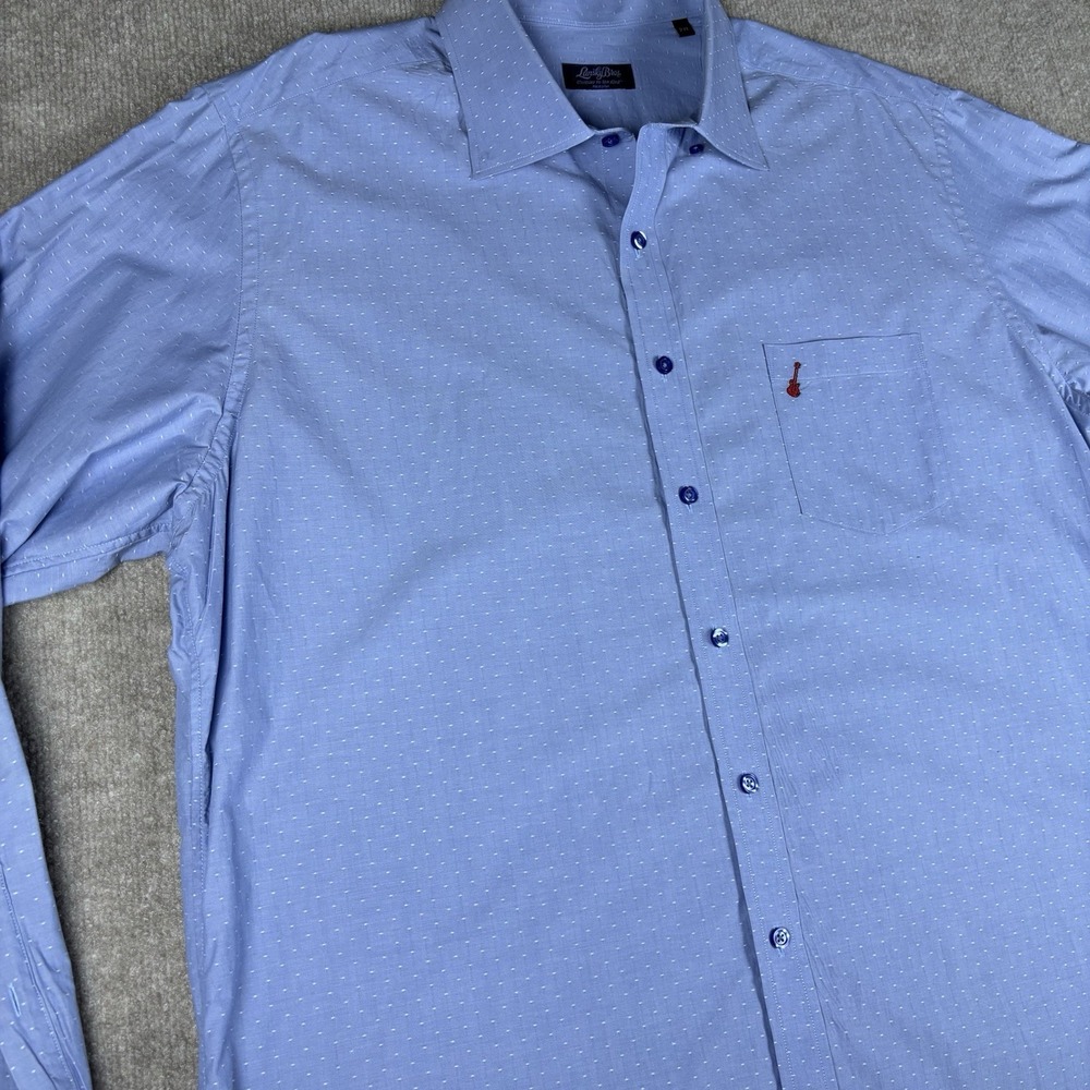 Lansky Bros Clothier To The King Shirt Mens 2XL Blue Dot Button Up Guitar‎ Logo